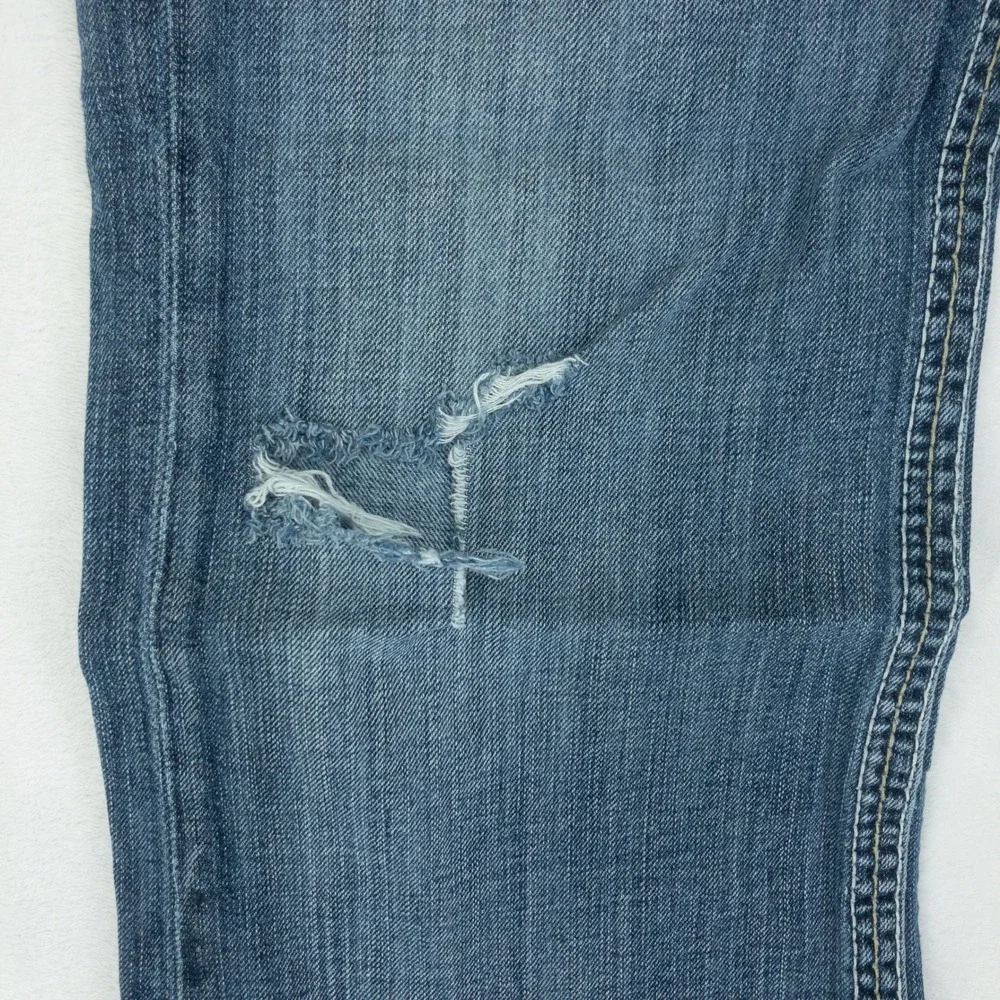 Big Star Pioneer Jeans Mens 33R Blue Distressed Boot Cut Raw Hem Buckle